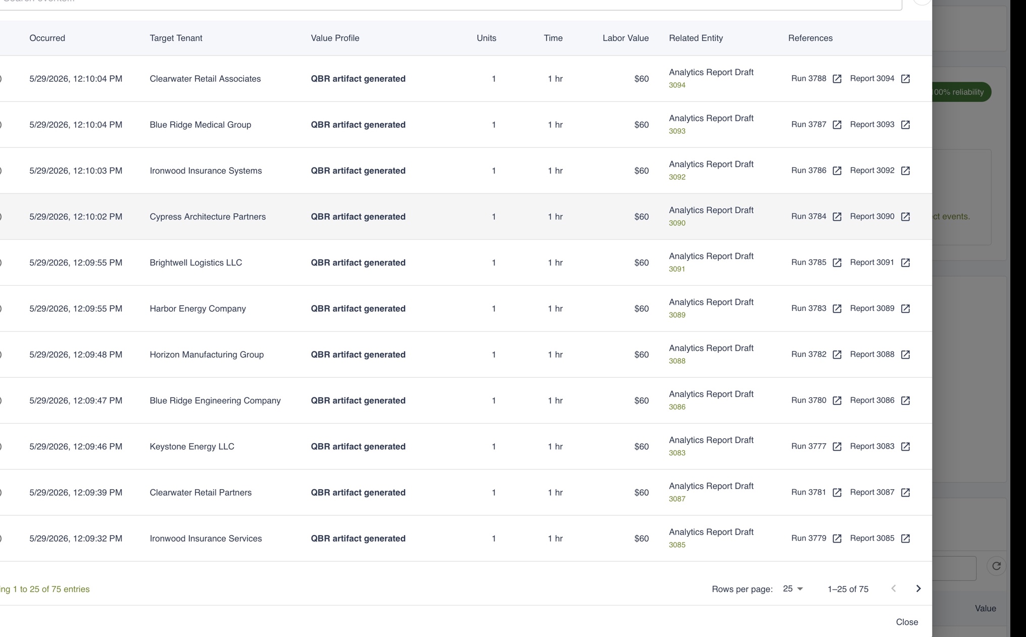 Evidence event drawer showing event details, source context, and outcome metadata