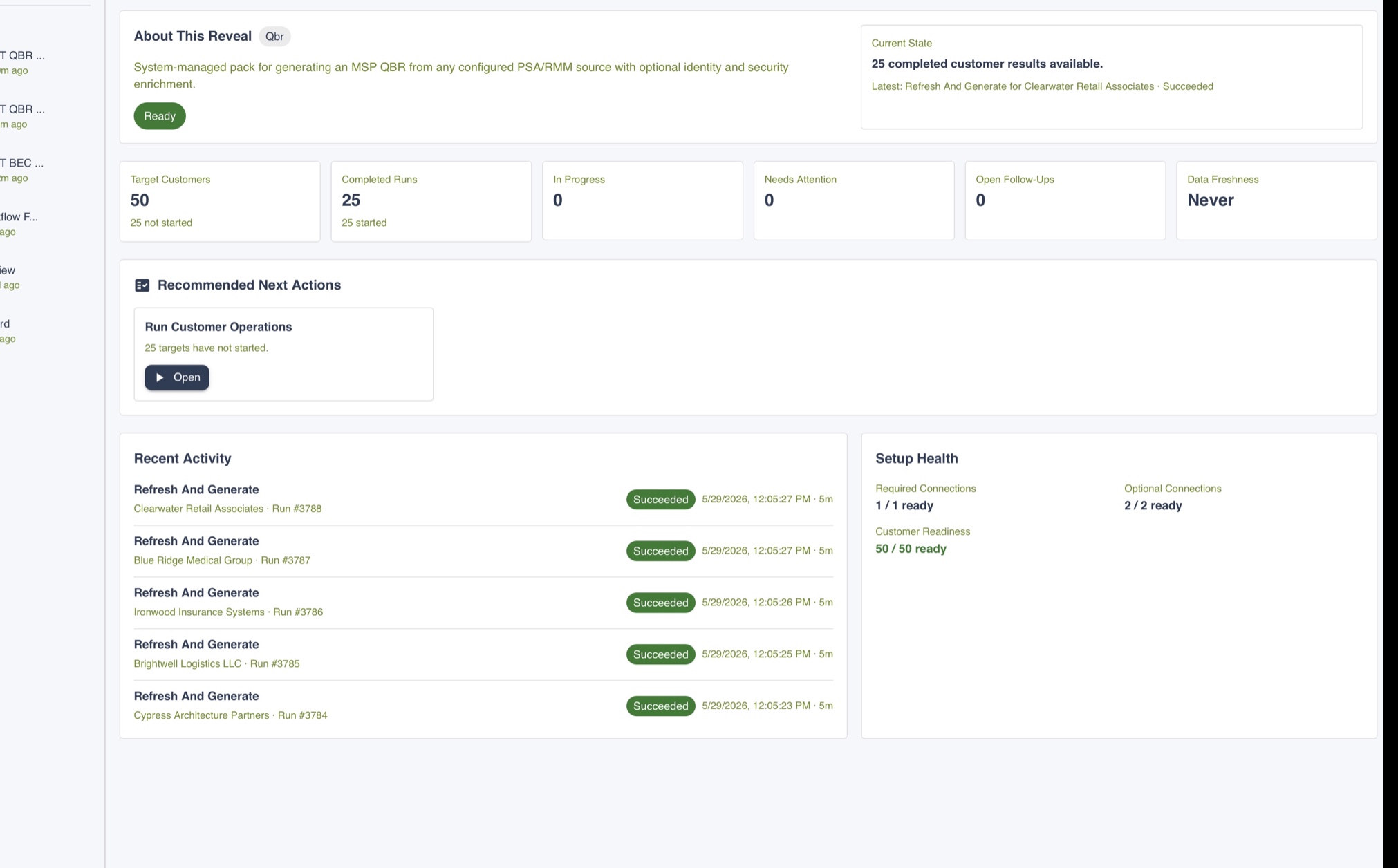 QBR overview tab showing customer review metrics, findings, and stakeholder-ready operating summary