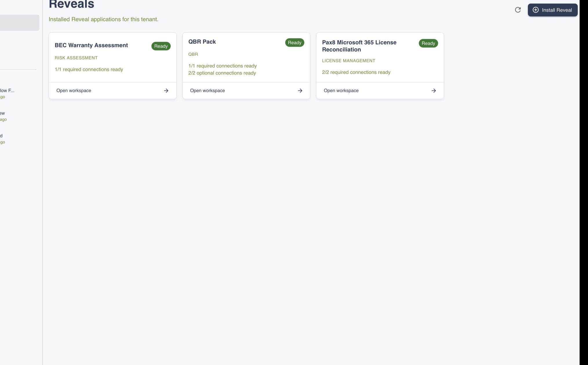 Reveal workspace with workflow steps, evidence, reports, and operational actions